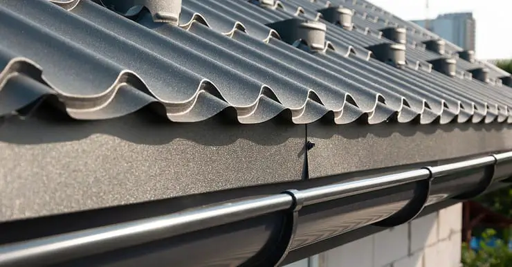 Zoom sur les tuiles de toiture en métal gris et la gouttière en zinc