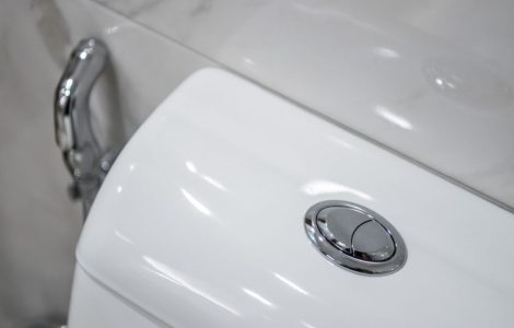 Gros plan sur le bouton pressoir à double commande du WC