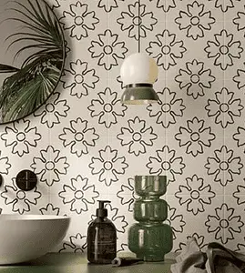 Du papier peint noir et blanc à motifs fleurs dans la salle de bain