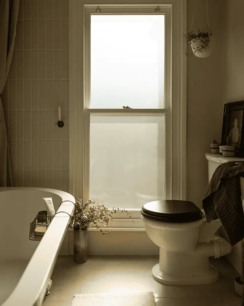 Un vase de branches séchées et une petite suspension végétale suffisent à créer une ambiance délicate dans cette modeste salle de bain