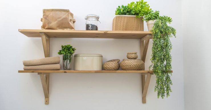 Une étagère murale en bois avec des plantes