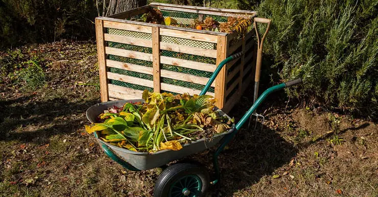 Un bac à compost et une brouette remplie de déchets organiques dans le jardin