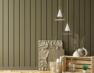 Différents objets de décoration dans une pièce avec un mur en lambris gris