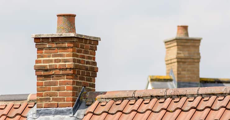Vue sur des cheminées en briques sur une toiture en tuiles