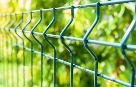 Zoom sur une cloture-de-jardin en grillage métallique vert