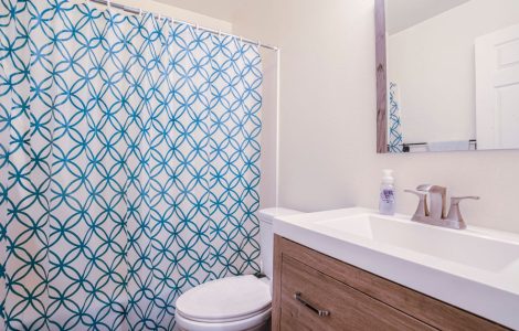 Une salle de bain avec un rideau de douche bleu et blanc