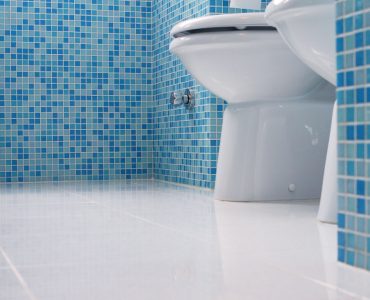 Vue sur les toilettes d’une salle de bain avec des murs en mosaïques bleus