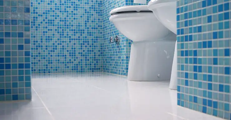 Vue sur les toilettes d’une salle de bain avec des murs en mosaïques bleus
