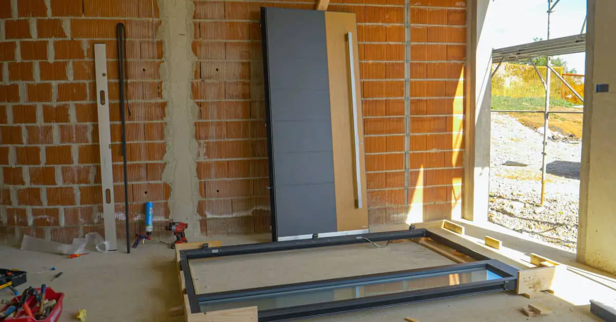 Vue intérieure d’une maison en construction avant l’installation de la porte d’entrée
