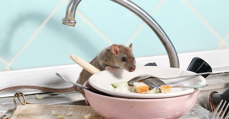 Une souris attirée par les restes de nourriture sur les assiettes placées dans l’évier