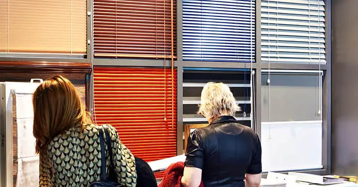 Deux femmes choisissant des sotres de fenêtre dans un magasin