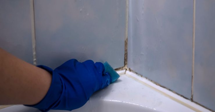 Une main en gant bleu nettoie le coin de la baignoire