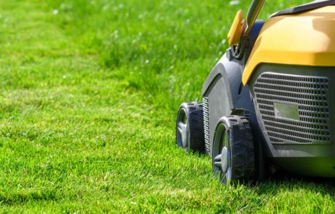 Tondeuse à gazon en train de tondre une pelouse verte