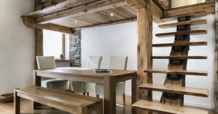 Table en bois dans la salle à manger sous mezzanine