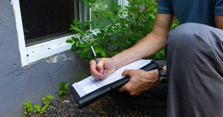 Un homme accroupi près d'une fenêtre prend des notes sur une fiche