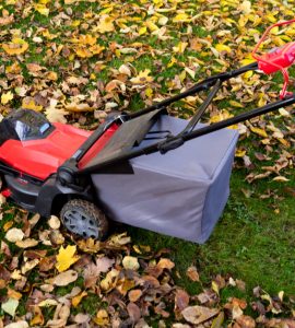 Une tondeuse de jardin sur une pelouse recouverte de feuilles