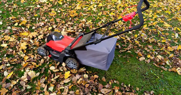 Une tondeuse de jardin sur une pelouse recouverte de feuilles