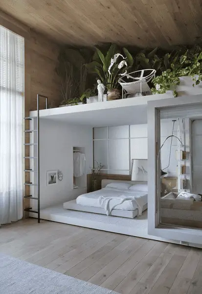 Une mezzanine pour imaginer un petit coin de détente au-dessus du lit parental 