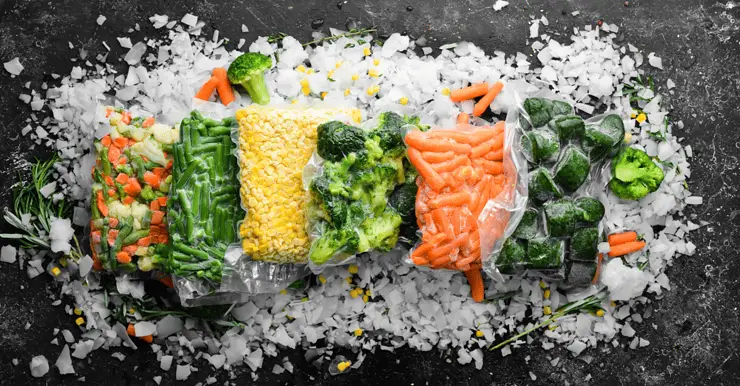 Différents légumes congelés dans des sacs en plastique transparents