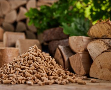 Focus sur des granulés de bois et d'autres bois de chauffage en fond