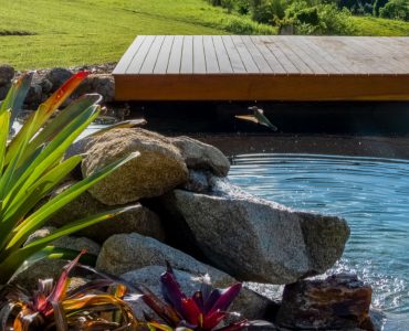 Une piscine naturelle dans un jardin avec un petit pont en bois