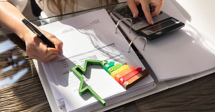 Une femme utilisant une calculatrice, avec une maquette de l’étiquette énergie sur la table