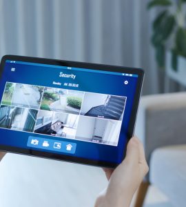 Une fille en train de visualiser les caméras de surveillance d'une maison à l'aide de sa tablette