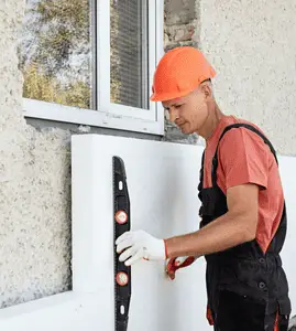 Un homme avec un casque de chantier installe une plaque d'isolation en polystyrène sur la façade
