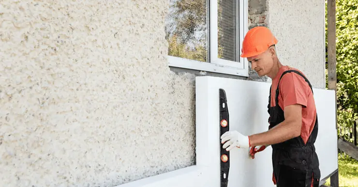 Un homme avec un casque de chantier installe une plaque d'isolation en polystyrène sur la façade