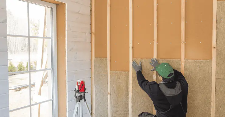 Un homme avec un casque de chantier posant de l'isolant en fibre de bois sur un mur intérieur