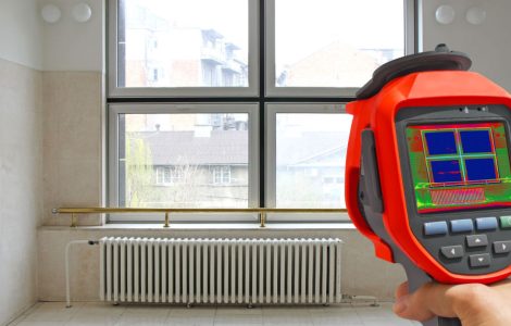 Main d’un homme pointant une caméra thermique vers le radiateur de chauffage et la fenêtre