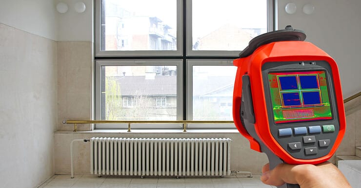 Main d’un homme pointant une caméra thermique vers le radiateur de chauffage et la fenêtre