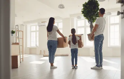Un jeune couple avec un enfant arrivant dans un appartement vide