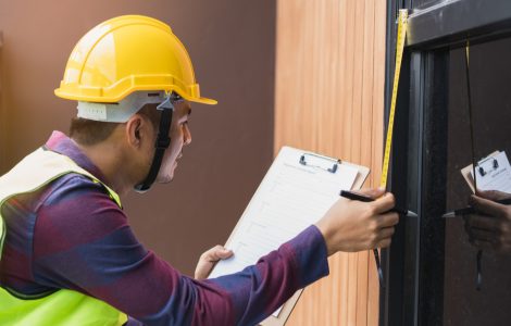 Un homme avec un casque de chantier prend des mesures de la porte vitrée