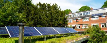 Vue sur une toiture végétalisée avec des panneaux solaires