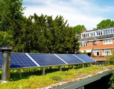 Vue sur une toiture végétalisée avec des panneaux solaires