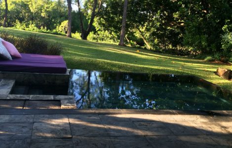 Un lit aménagé près d'une piscine naturelle dans le jardin