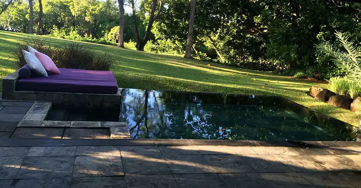 Un lit aménagé près d'une piscine naturelle dans le jardin