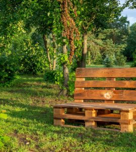 Une chaise en palettes au milieu d’un parc avec des arbres