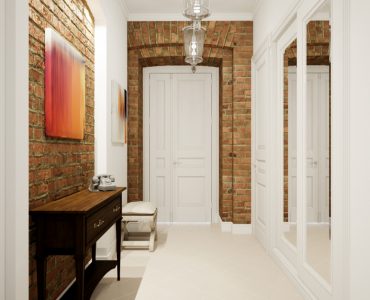 Vue sur un couloir blanc avec des murs en briques et une porte blanche