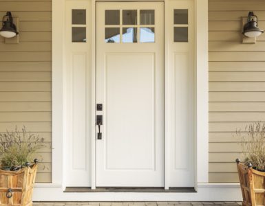 Vue sur une porte d'entrée blanche vitrée