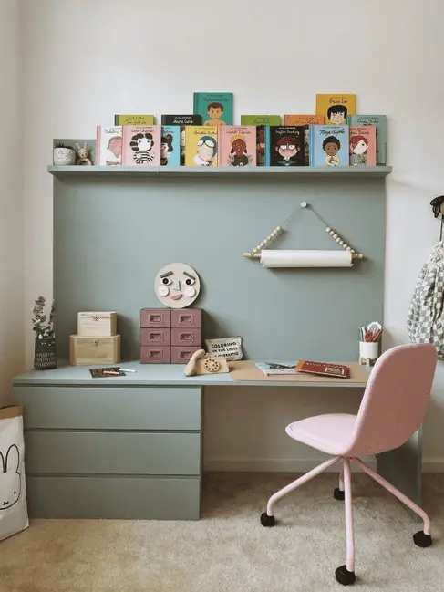 Un bureau d'ado conçu avec une commode MALM et des planches en bois, le tout repeint en vert sauge