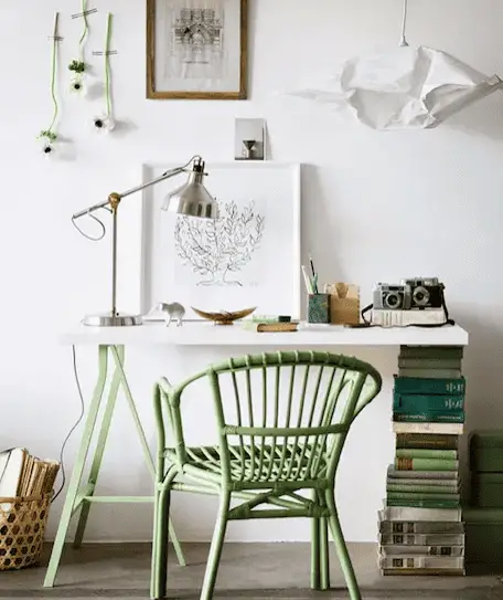 Un coin bureau à la maison avec une chaise verte