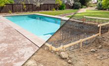 Une photo avant et après d'un chantier de construction de piscine