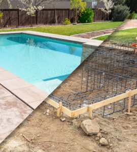 Une photo avant et après d'un chantier de construction de piscine