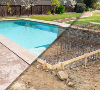 Une photo avant et après d'un chantier de construction de piscine