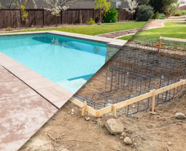 Une photo avant et après d'un chantier de construction de piscine