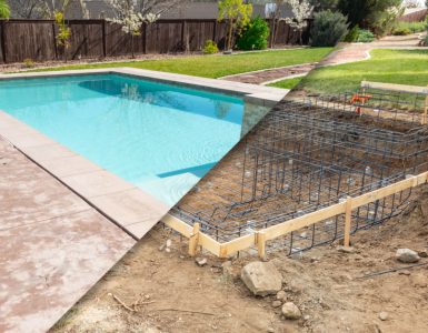 Une photo avant et après d'un chantier de construction de piscine