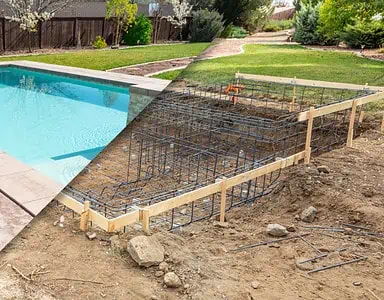 Une photo avant et après d'un chantier de construction de piscine