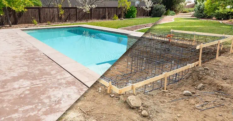 Une photo avant et après d'un chantier de construction de piscine